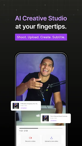 AI Captions home screen: video upload and automatic subtitle editor for social media content creation