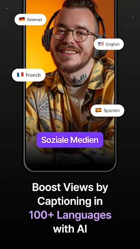 Multi-language caption support featuring 100+ languages including German, English, French, Spanish
