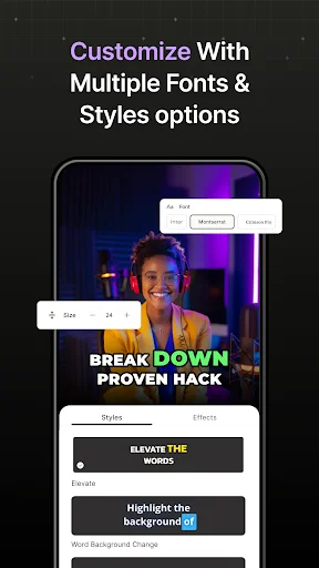 Caption styling interface with multiple font styles, effects, and text formatting customization options