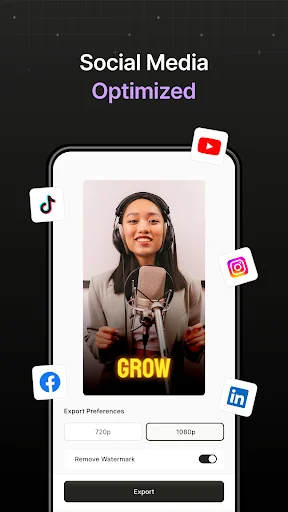 Social media export settings with resolution options and platform optimization for video captions