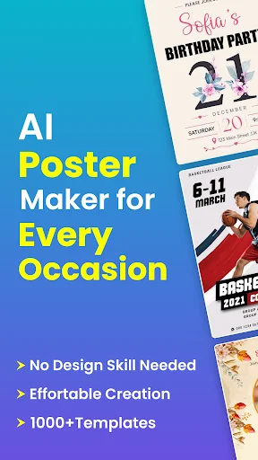 AI Poster Maker landing screen highlighting no design skills needed, effortable creation, and 1000+ templates for flyer design