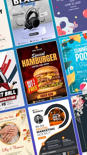 Gallery of professional poster and flyer templates including birthday, music, business, and promotional design examples