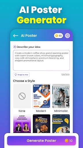 AI Poster Generator with text input, style selection, and generate button for creating custom poster designs