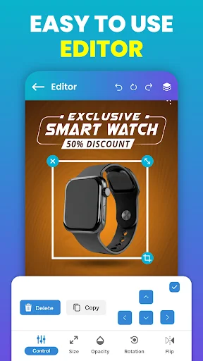 Easy-to-use editor for smart watch poster with selection handles, colors, size, opacity, and rotation editing tools