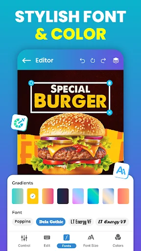 Font and color editor for burger poster with gradient palettes and style options like Poppins and LT Energy VF fonts
