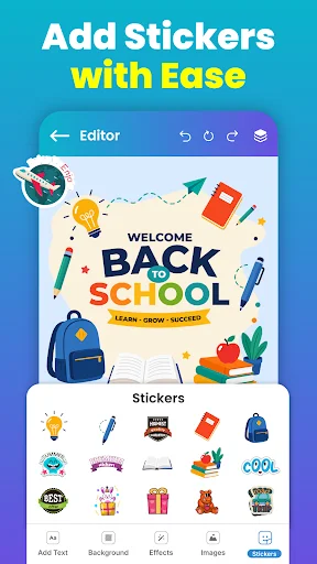 Sticker editor for back-to-school poster with sun, lightbulb, backpack, book, and decorative sticker options