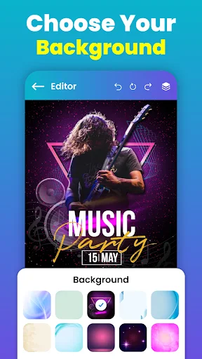 Background selection editor for music party poster with purple neon design showing gradient and image background options