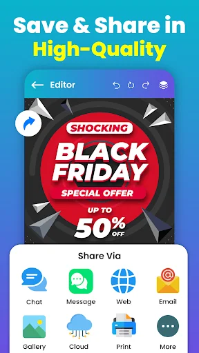 Share Black Friday poster in high-quality via Chat, Message, Web, Email, Gallery, Cloud, or Print options
