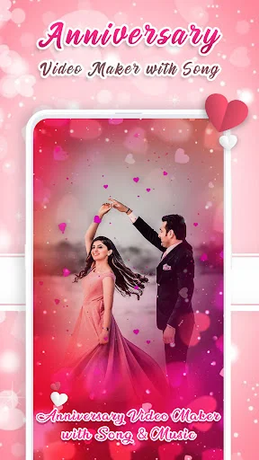 Anniversary video maker interface showcasing romantic couple video template with sparkling hearts, music integration, and professional editing features