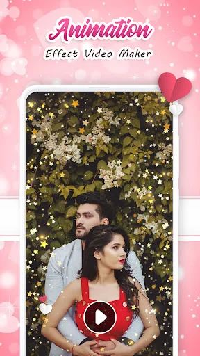 Animation effect video maker displaying golden star and sparkle particles applied to couple portrait with editable template and play preview option