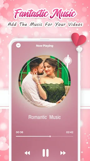 Romantic music player interface with customizable audio tracks, playback controls, timeline slider, and music selection for anniversary video soundtracks