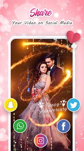 Social media sharing options for anniversary videos with direct buttons for Instagram, Facebook, WhatsApp, Twitter, and Snapchat distribution
