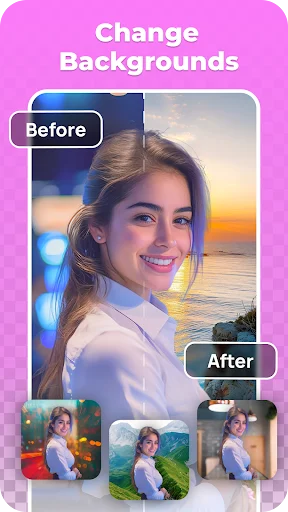 Before and after portrait showing background change from cityscape to sunset ocean with multiple background variations for photo editing