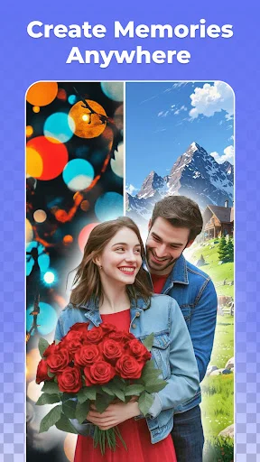 Couple portrait before and after with bokeh and mountain background options for creating memories with different effects