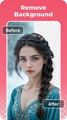Before and after woman portrait demonstrating background removal with transparent checkerboard background on right side