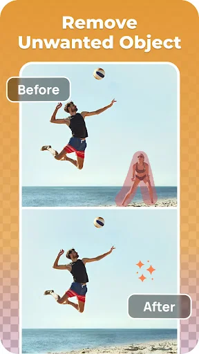Beach volleyball scene before and after showing object removal tool eliminating unwanted person from photo composition