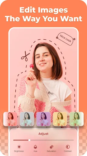 Portrait editing interface with color filter options and adjustment controls for brightness, blur, saturation, and contrast customization
