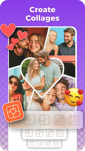 Collage creation interface displaying multiple photos with heart decorations, emoji stickers, and different layout template options