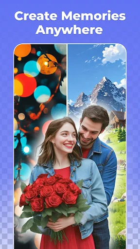 Couple portrait before and after with bokeh and mountain background options for creating memories with different effects