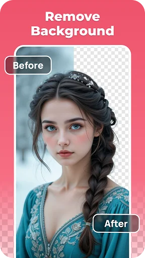 Before and after woman portrait demonstrating background removal with transparent checkerboard background on right side