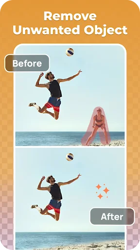 Beach volleyball scene before and after showing object removal tool eliminating unwanted person from photo composition