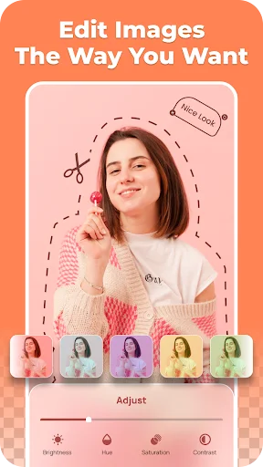 Portrait editing interface with color filter options and adjustment controls for brightness, blur, saturation, and contrast customization