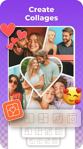 Collage creation interface displaying multiple photos with heart decorations, emoji stickers, and different layout template options