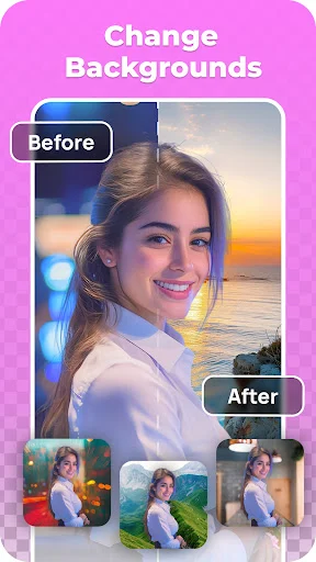 Before and after portrait showing background change from cityscape to sunset ocean with multiple background variations for photo editing