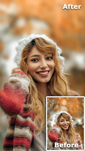 Before and after portrait showing DSLR bokeh background blur effect on woman in winter clothing with golden blurred backdrop