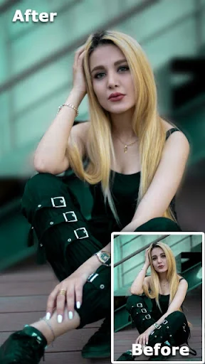 Before and after comparison of portrait background blur feature showing woman with blurred green building background effect