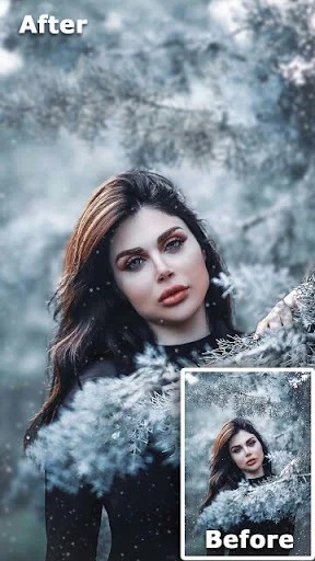 Before and after portrait with snowy winter background blur effect showing professional photo editing enhancement