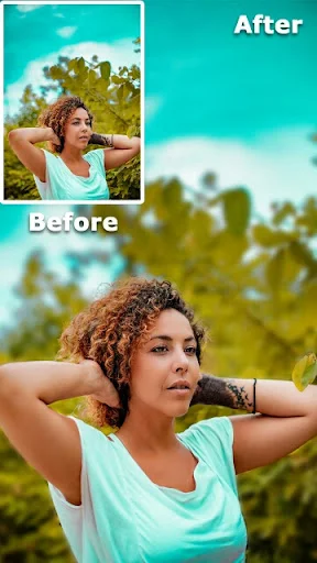 Before and after outdoor portrait showing background blur on green nature trees demonstrating photo editor's blur feature