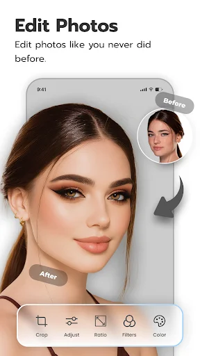 Edit Photos app feature showing before-after comparison with crop, adjust, ratio, filters, color tools