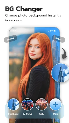 Background changer tool instantly replacing photo backgrounds with preset options like Burj Khalifa and DJ Crowd
