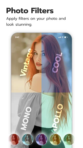 Photo filters interface with four filter effects: Vintage, Cool, Mono, Boho with circular selector buttons