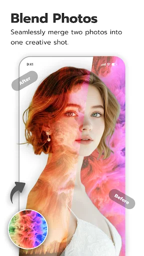 Blend photos feature merging two portraits with color wheel for double exposure and creative effects
