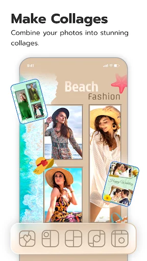 Collage maker combining photos into styled layouts with Beach and Fashion theme template options