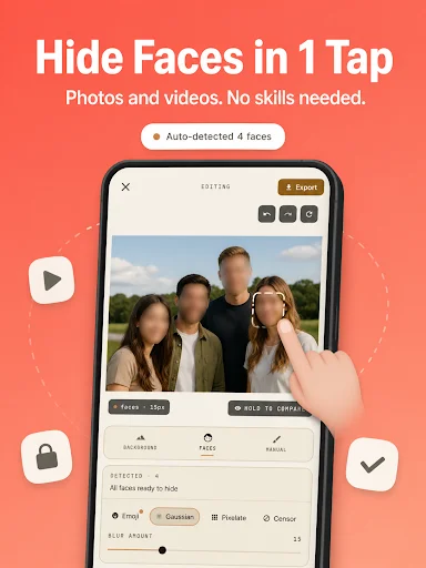 Auto-detect four faces in group photo and apply multiple blur styles: pixelize, mosaic, gaussian, or pixelate effects