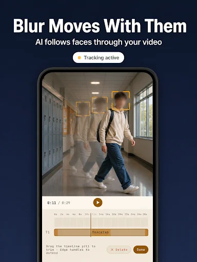 AI face tracking blur follows moving person through hallway video in real-time with motion detection technology