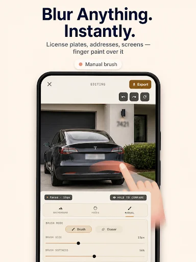 Manual brush tool blurs license plate on car photo instantly with customizable brush and eraser editing options