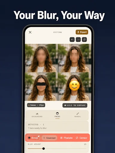 Four portrait variations display different blur styles: oval blur, pixelate, bar censoring, and emoji face blur