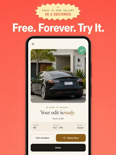 Completion screen displays blurred car photo saved to gallery in 2 seconds with HD format and share button option