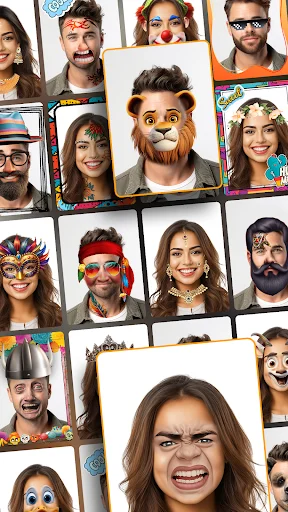 Gallery of funny face camera stickers with live filters applied to different people's faces