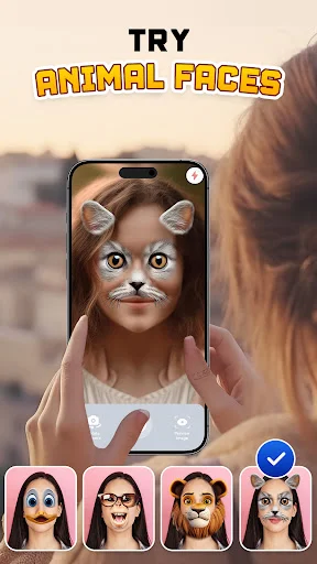 Live animal face camera filter featuring cat ears and whiskers sticker with selection options
