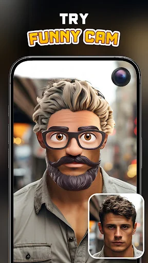 Funny camera app with blonde hairstyle, glasses, and beard sticker applied on live preview