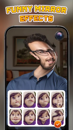 Funny mirror effects camera showing distortion filters with multiple effect thumbnails below