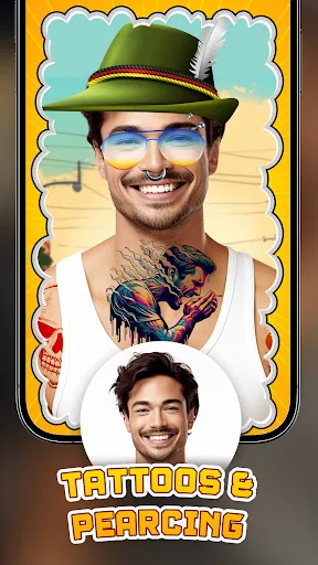 Tattoos and piercing live sticker camera effect with decorative body art applied to person
