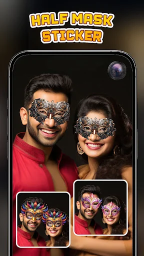 Half mask sticker camera filter showing decorative face masks on couple in live preview