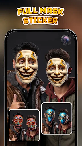 Full mask sticker camera with theatrical masks applied to multiple people on live broadcast
