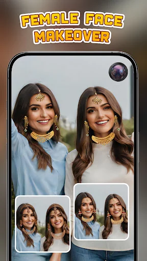 Female face makeover camera with jewelry and makeup stickers transforming women's appearance
